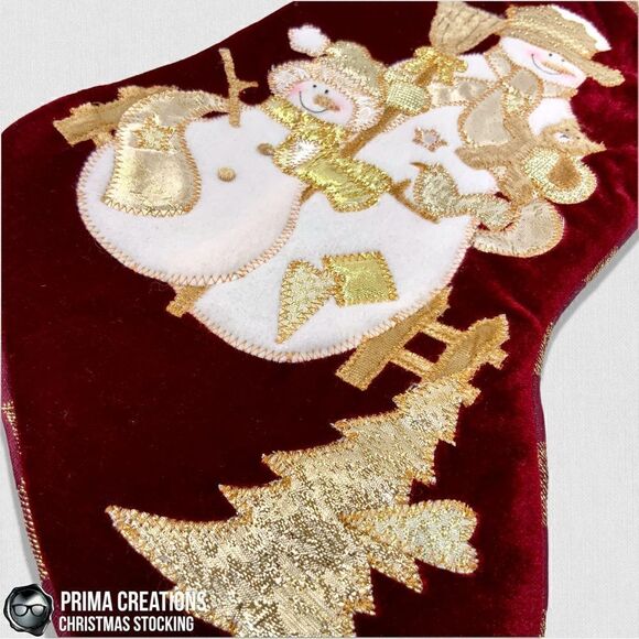 VINTAGE CHRISTMAS STOCKING SNOWMAN PARENT & CHILD IN RED VELVET & GOLD APPLIQUÉ - Picture 9 of 15